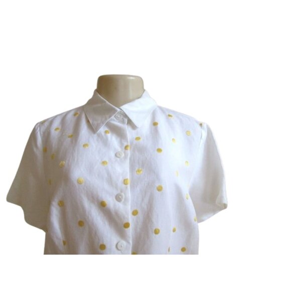 White Short-Sleeve Button-Up Shirt With Gold Polka Dot Print Dina K Size L - Picture 3 of 6